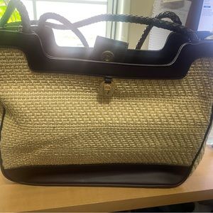 Vintage Etienne Aigner Straw Bag with leather trim and gold toned
